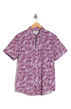 Original Penguin Short Sleeve Stretch Cotton Poplin Button-Up Shirt | Nordstromrack Summer Cotton Hawaiian Shirt With Button Closure, Summer Cotton Camp Shirt With Button Closure, Cotton Camp Shirt With Button Closure, Cotton Camp Shirt For Summer, Red Cotton Short Sleeve Shirt For Spring, Tropical Cotton Camp Shirt For Spring, Fitted Cotton Short Sleeve Shirt For Vacation, Cotton Hawaiian Shirt With Palm Tree Print For Spring, Fitted Cotton Hawaiian Shirt For Vacation