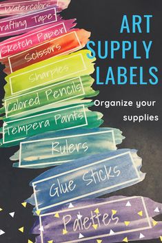 the art supply labels are lined up on top of each other, with different colors