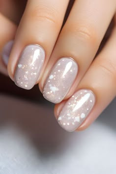 a woman's nails with white and gold glitters