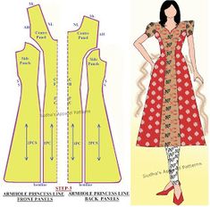 an image of a woman's dress pattern with measurements for the front and back