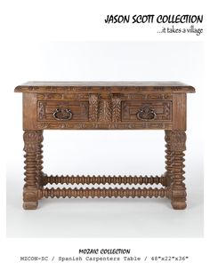 an old wooden table with two drawers and ornate carvings on the top, in front of a white background