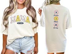 "Elevate your game day look with our custom \"Mama\" of both softball and baseball shirt, personalized with player names and the year. This crewneck tshirt is the perfect baseball or softball gift for moms, offering both style and sentimentality for those memorable moments at the ballpark. COMFORT COLORS 1717 SHIRT: Unisex 100% US cotton - ethically grown and harvested Pre-Shrunk Fabric Relaxed Fit - Size up for a trendy oversized look Seamless Sides Double Needle Stitching Garment-dyed  CARE IN Customizable White T-shirt For Baseball Season, White Sublimation Design With Name Print For Game Day, Customizable White T-shirt For Game Day, Game Day Customizable White T-shirt, Softball Mom Shirts Vinyl, Baseball Mom Outfits, Mama Of Both, Softball And Baseball, World Series Shirts