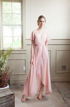 Flowy Wrap Dress (Custom Colour) | Blush, flowy custom wrap dress for bridesmaids Bridesmaid Wrap Dress, Bridesmaid Wrap, Wrap Dress Bridesmaid, Satin Sash, Pink Chiffon, Bridal Party Dresses, Ruffled Sleeves, Flowy Skirt, Neck Ruffle