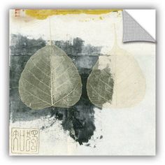 two leaves on a piece of paper that is collaged with watercolor and ink