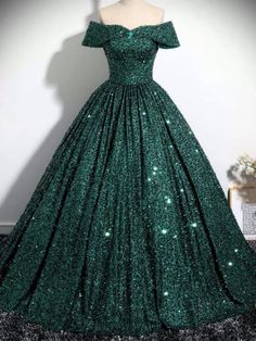 Off Shoulder Green Sequins Long Prom Dresses #prom #promdresses #offtheshoulderdress #greendress #formaldress #eveningdress Off Shoulder Ball Gown, Ball Gown Prom Dress, Green Formal Dresses, Green Evening Dress, Color Rush, Gown Prom, Sweet 16 Dresses, Green Sequins, Ball Gowns Prom