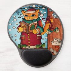 a mouse pad with an image of a cat holding a book and wearing a santa hat