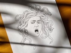 a drawing of a woman's face with snakes on her head and the flag of italy in the background