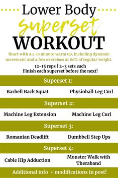 the lower body superset workout plan is shown in green and yellow, with instructions for each