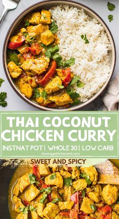 thai coconut chicken curry in a bowl with rice and garnish