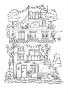 a drawing of a house with trees and bushes on the outside, in black and white