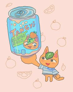 an orange cat holding onto a can of tangy's orange soda on a pink background