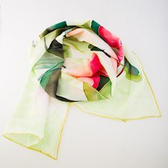 Handpainted Silk Scarf Orchids/ Green Red Pink by SilkIntuition Bridesmaid Wrap, Handpainted Silk Scarves, Pink Shawl, Pink Scarf, Pink Orchids, Wedding Shawl, Pink Scarves, Light Spring, Floral Scarf