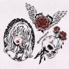 a girl with roses and two skulls on her shoulder