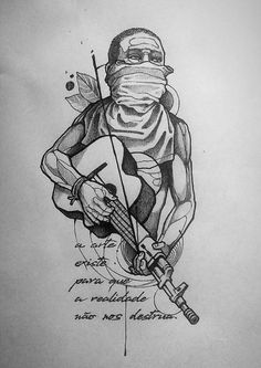 a drawing of a man holding a guitar and wearing a bandana with words written on it