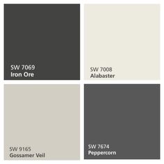 four different shades of gray and white with the words sw 709 iron one, sw 70