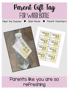 the parent gift tag for water bottle is shown next to it's label and instructions