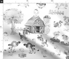 a black and white drawing of farm animals in front of a barn with sheep on it