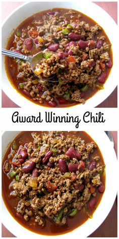 two bowls filled with chili and ground beef