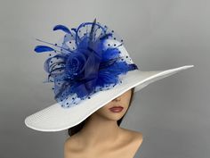 "One size hat.(20\"-22.5\") Adjustable inner band Wired brim. Brim is approx. 6\" Please visit my other shop https://www.etsy.com/shop/BridalWorldAccessory Thank you very much for shopping  at my shop Have a great day." White Hat Bands For Spring Party, Brimmed Hat Bands For Kentucky Derby Wedding, Summer Wedding Hat Band With Curved Brim, Fitted Fedora Mini Hat For Wedding, Blue Wide Brim Hat Bands For Kentucky Derby, Elegant Adjustable Blue Hat Band, Blue Party Sun Hat, Kentucky Derby Wedding, Women Bride