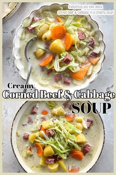 two bowls filled with soup and vegetables on top of each other, the same bowl is labeled creamy corned beef & cabbage soup