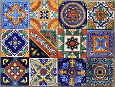 an assortment of colorful tiles with different designs