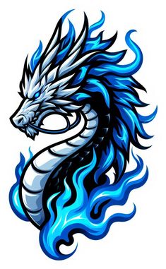 a blue and white dragon with flames on it's head, in the shape of a