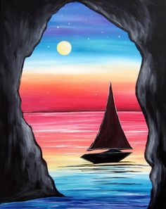 a painting of a sailboat in the ocean at night with a full moon behind it