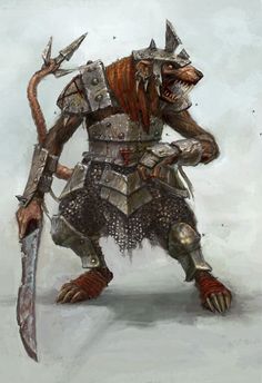 an image of a creature with armor and swords in his hands, standing on one foot