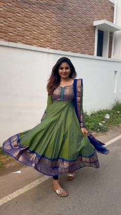 Label Kamra | APOORVA GREEN🌸 Price: 2950+$ A pure kanchi cotton dress! Embrace the timeless elegance of this cotton dress with a striking blue border!... | Instagram Saree Into Gown, New Long Frock Models, Outfits From Saree, Latest Long Frock Designs, Saree Dress Design Ideas, Wedding Frock Designs, Saree Dress Design, Long Frock Models, Chudithar Design