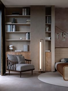 a room with a chair, bookshelf and shelves