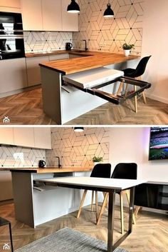 two pictures of the same kitchen table in different stages of being used as an island