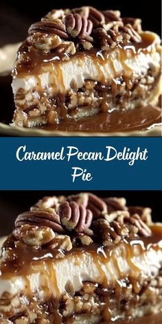 caramel pecan delight pie on a white plate