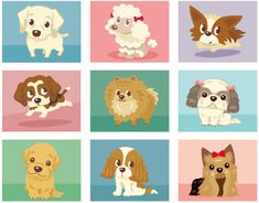 dogs with different colored faces are shown in this cartoon character style poster, which features four different