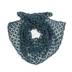 a blue scarf on a white background with a circular hole in the middle that has been crocheted