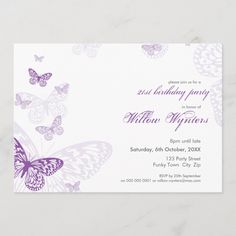 a purple and white butterfly birthday party card