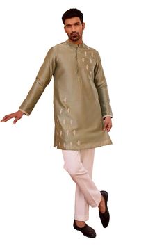 Sage green kurta with marodi and dori embroidery. - Aza Fashions Pista Green Kurta For Traditional Ceremonies And Festivals, Ceremonial Green Kurta With Pallu, Green Ceremonial Kurta With Pallu, Traditional Green Chanderi Sherwani, Green Ceremonial Kurta For Diwali, Ceremonial Green Kurta For Navratri, Green Ceremonial Kurta For Navratri, Pista Green Ceremonial Kurta For Diwali, Pista Green Kurta For Diwali