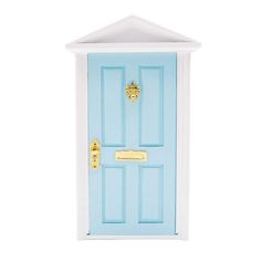 a blue and white door with a gold handle on the top part, against a white background