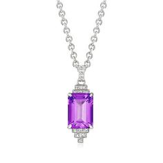 Andrea Candela "Gatsby" 6.70ct Amethyst Necklace, .12ct t.w. Diamonds. 17". Follow your passion for fine jewelry and the beauty of Spain to discover the designer jewelry collection of Andrea Candela. From the "Gatsby" collection, this statement-making necklace embraces iconic design elements of the Art Deco era. With a stately look and regal gemstone color, this fine necklace features a grand 6.70 carat emerald-cut amethyst framed in .12 ct. t.w. diamond steps and set in high-polished sterling s Luxury Purple Diamond Necklace, Luxury Amethyst Necklace With Diamond Accents, Luxury White Gold Amethyst Necklace, Purple Diamond Necklace With Gemstone Accents, Luxury Purple Baguette Cut Jewelry, Elegant Amethyst Necklace With Diamond Cut, White Gold Amethyst Necklace For Formal Occasions, Formal White Gold Amethyst Necklace, Elegant Amethyst Baguette Cut Jewelry