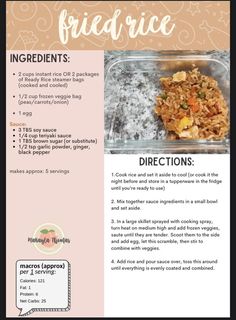 a recipe for fried rice in a plastic container with instructions on how to make it