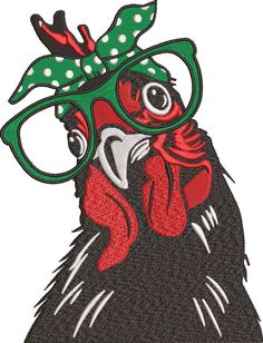 a rooster with glasses and a bow on its head is shown in this embroidery design