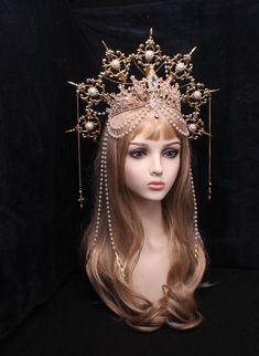 Gold Halo Crown Headlights Boho Wedding Headband Met gala Gothic crown with Chain spiked crown Sun Moon Halo Crown, Sun Headpiece, Traditional Headpiece, Spiked Crown, Boho Wedding Headband, Fantasy Crowns, Star Headpiece, Crown Veil, Gold Halo Crown