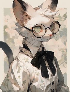 a white cat wearing glasses and a bow tie standing in front of a flowery background