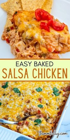 an easy baked salsa chicken casserole with tortilla chips