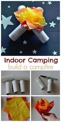 the instructions for how to make an indoor camping campfire with toilet paper and tissue rolls