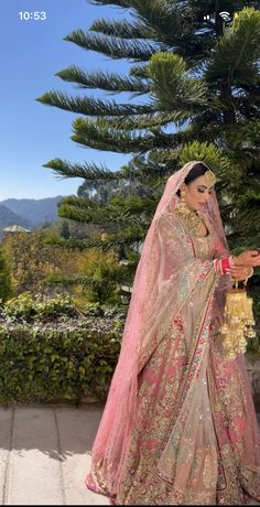 a woman in a pink and gold bridal gown standing next to a tree with mountains in the background