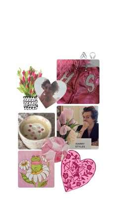 the collage has pink flowers, hearts, and pictures on it's side