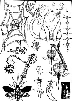 black and white drawing of various items in the shape of spider webs, bats, cats, moths, and more