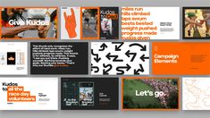 an orange and black brochure with different images