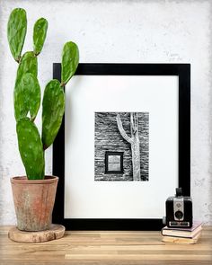 a cactus in a pot next to a black and white photo on a wooden table