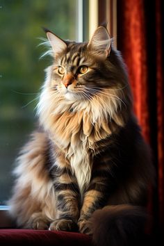 Photography of a maine coon cat proudly sitted in an interior setting. Siberian Cat Aesthetic, Siberian Forest Cat, Siberian Forest, Colorful Animal Paintings, Cat Area, All Colour, Siberian Cat